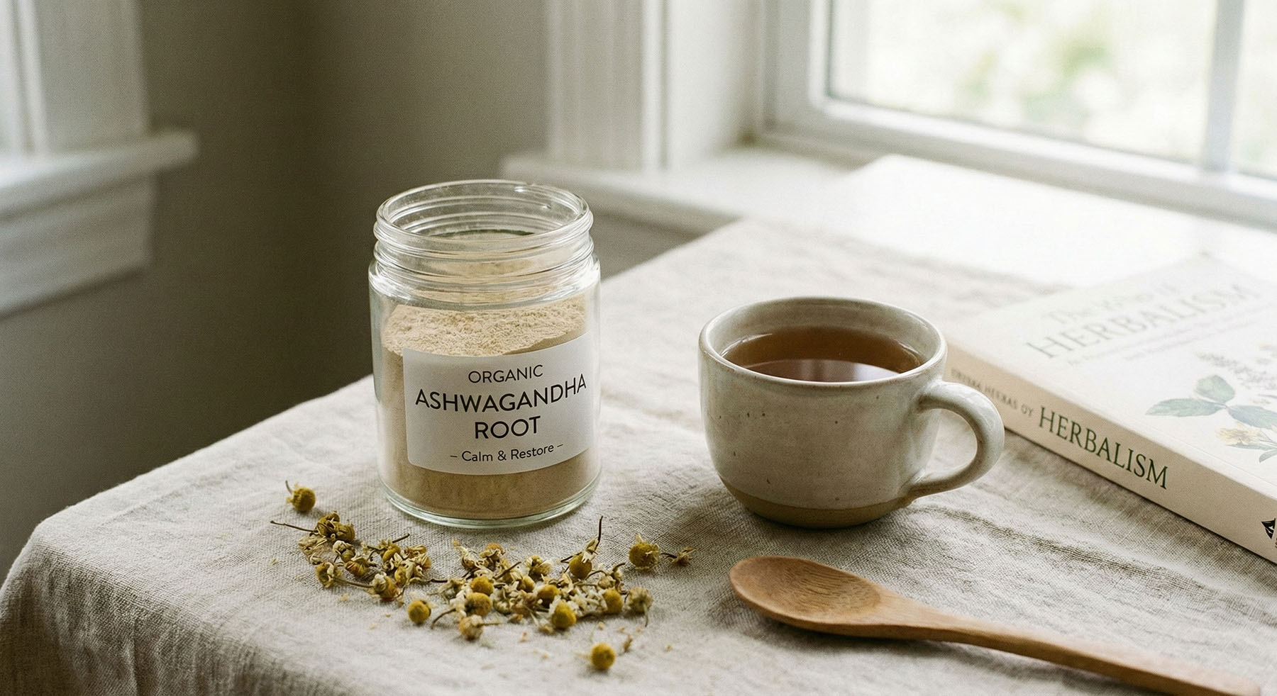 Glass jar of organic ashwagandha root powder next to a ceramic mug of tea, a wooden spoon, and scattered dried chamomile flowers on a linen cloth.