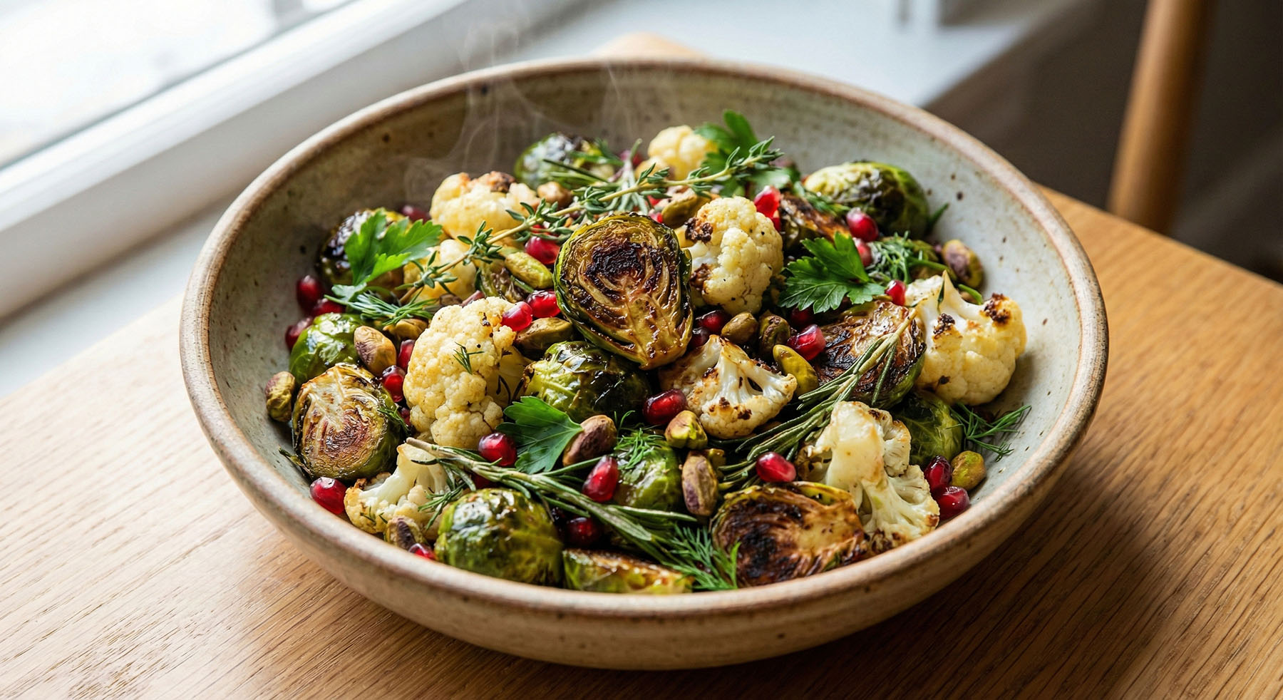 A close-up photograph of a ceramic bowl filled with roasted Brussels sprouts, cauliflower, pomegranate seeds, pistachios, and fresh herbs, steaming by a window.