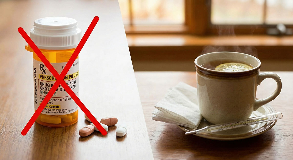 A split image showing a prescription pill bottle with a red 'X' over it and loose pills on the left, and a cup of hot tea with a lemon slice, a thermometer, and tissues on the right, all on a wooden table.