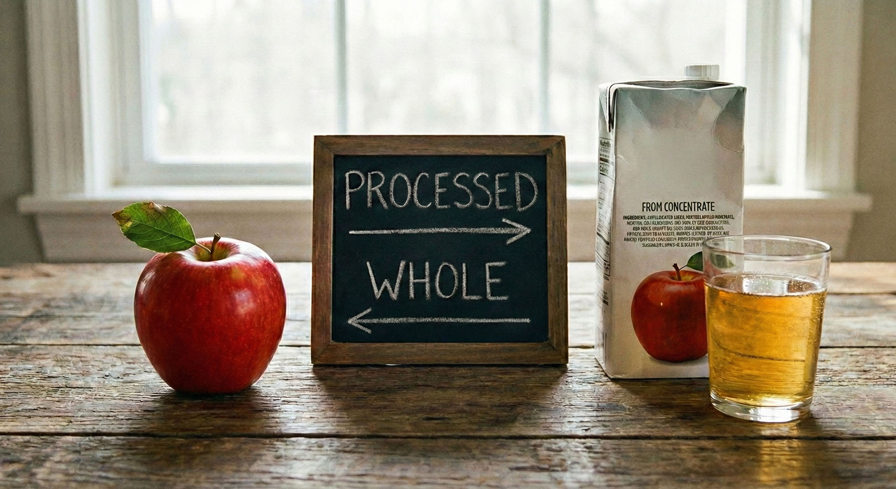 A whole red apple on the left and a carton of apple juice on the right of a chalkboard sign with arrows indicating 'PROCESSED' points to the juice and 'WHOLE' points to the apple.