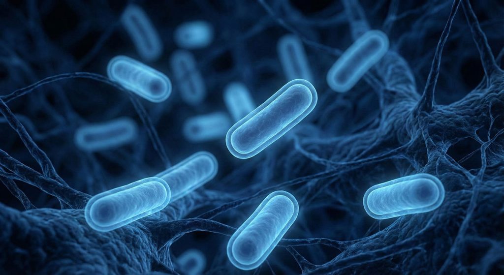 Microscopic view of glowing blue rod-shaped bacteria.