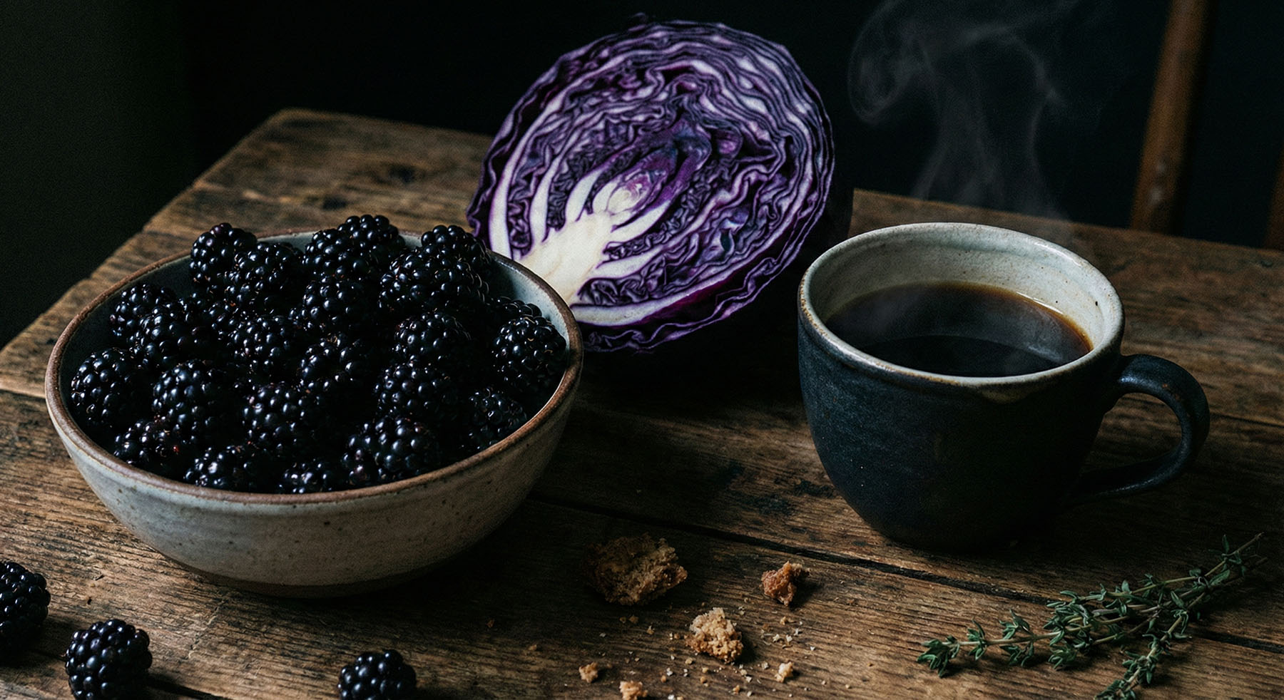 A ceramic bowl of blackberries, a halved head of purple cabbage, and a steaming mug of black coffee arranged on a rustic wooden table.