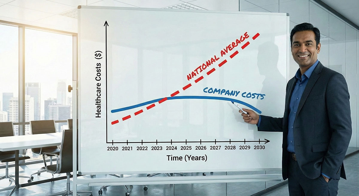 A man in a suit points to a whiteboard graph comparing rising "National Average" healthcare costs (red dashed line) with flattening and decreasing "Company Costs" (blue solid line) between 2020 and 2030.