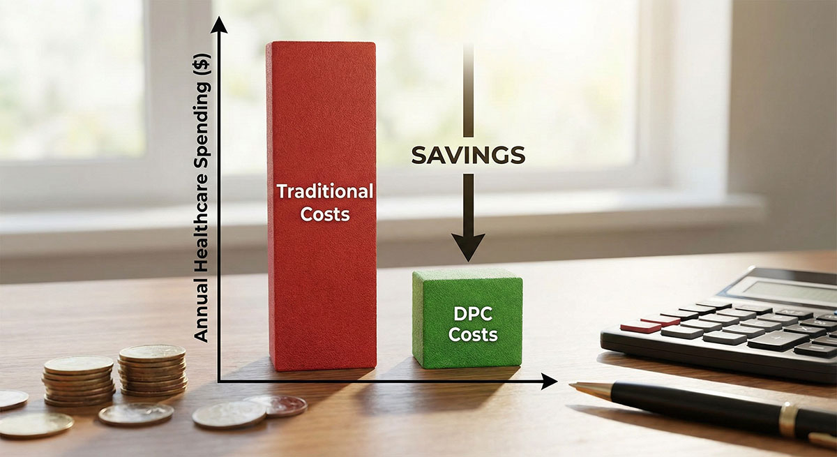 A bar graph comparing annual healthcare spending, with a tall red bar labeled "Traditional Costs" and a much shorter green bar labeled "DPC Costs," indicating a significant reduction. An arrow pointing down from the red to the green bar is labeled "SAVINGS." Coins, a calculator, and a pen are on the desk in the foreground.