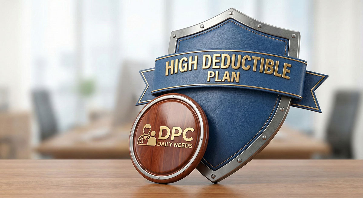 A smaller wooden shield labeled "DPC DAILY NEEDS" is positioned in front of and protected by a larger blue and metal shield with a banner labeled "HIGH DEDUCTIBLE PLAN".
