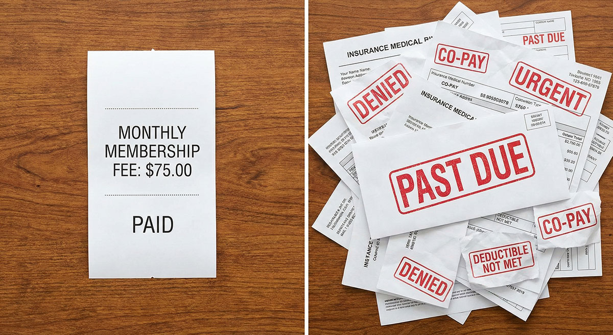 A two-panel image contrasting a single, clean receipt for a $75.00 monthly membership fee on the left with a messy pile of medical bills and envelopes stamped with red "PAST DUE," "DENIED," "CO-PAY," "URGENT," and "DEDUCTIBLE NOT MET" on the right