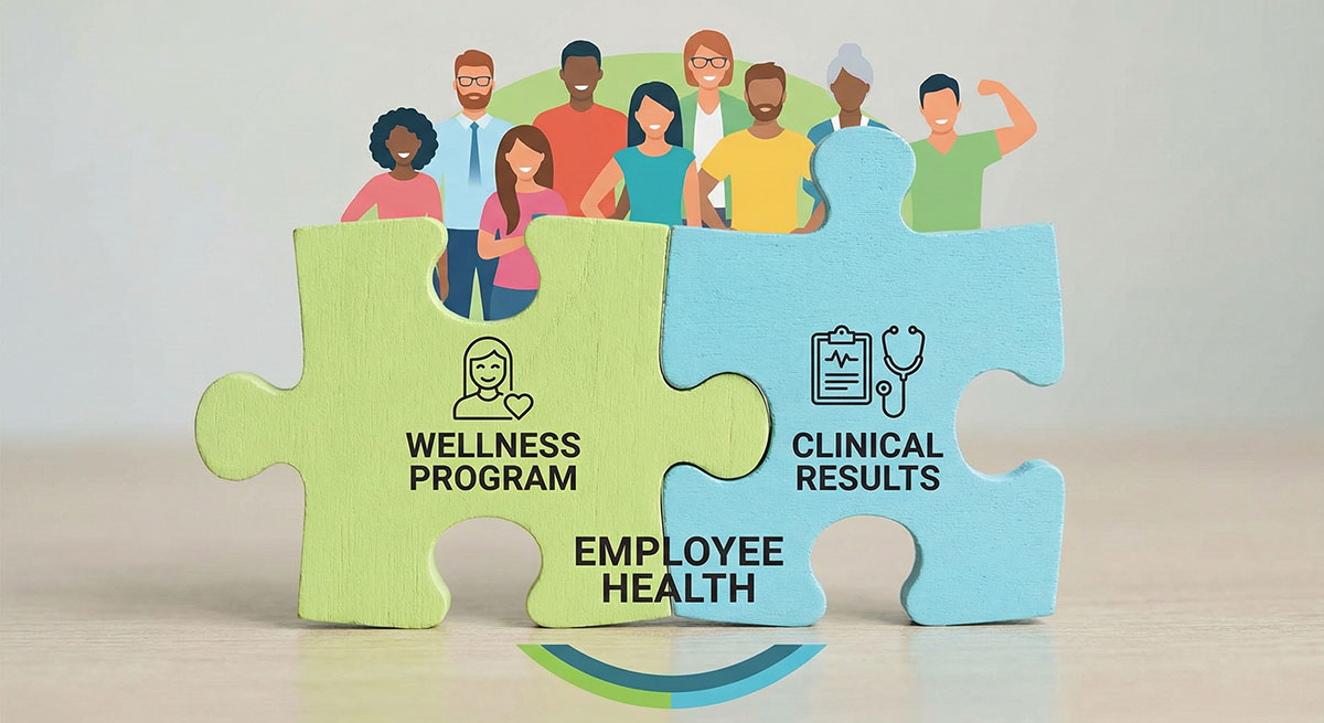 A diagram showing a green puzzle piece labeled "WELLNESS PROGRAM" interlocking with a blue puzzle piece labeled "CLINICAL RESULTS" to form "EMPLOYEE HEALTH," with a diverse group of people in the background.