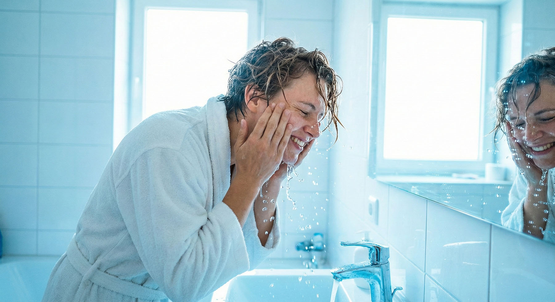 A person with short hair in a white robe washing their face at a bathroom sink