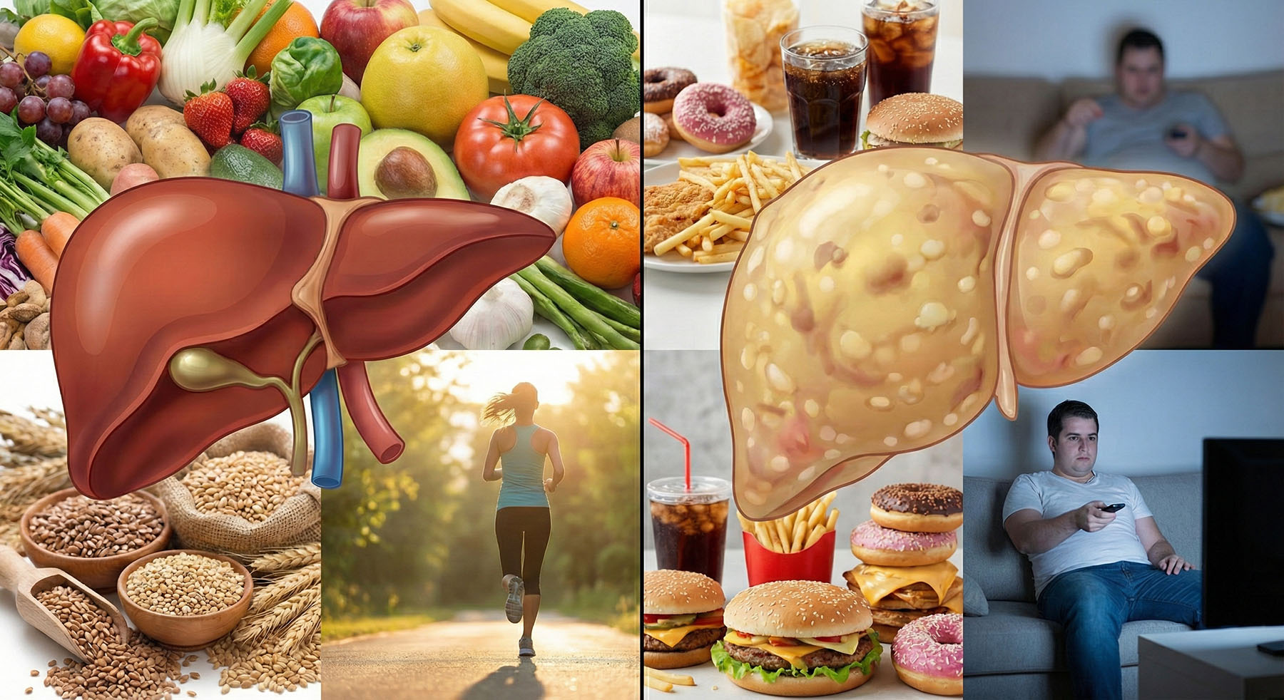 Split comparison showing a healthy liver with whole foods and exercise versus a fatty liver with junk food and a sedentary lifestyle.