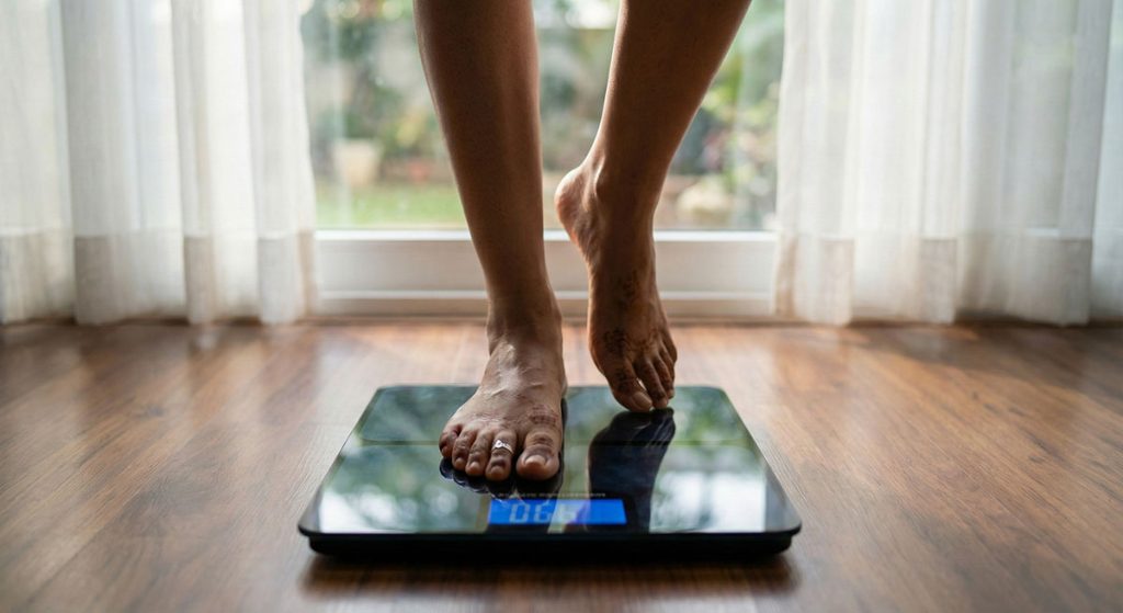 Bare feet standing on a black digital bathroom scale.