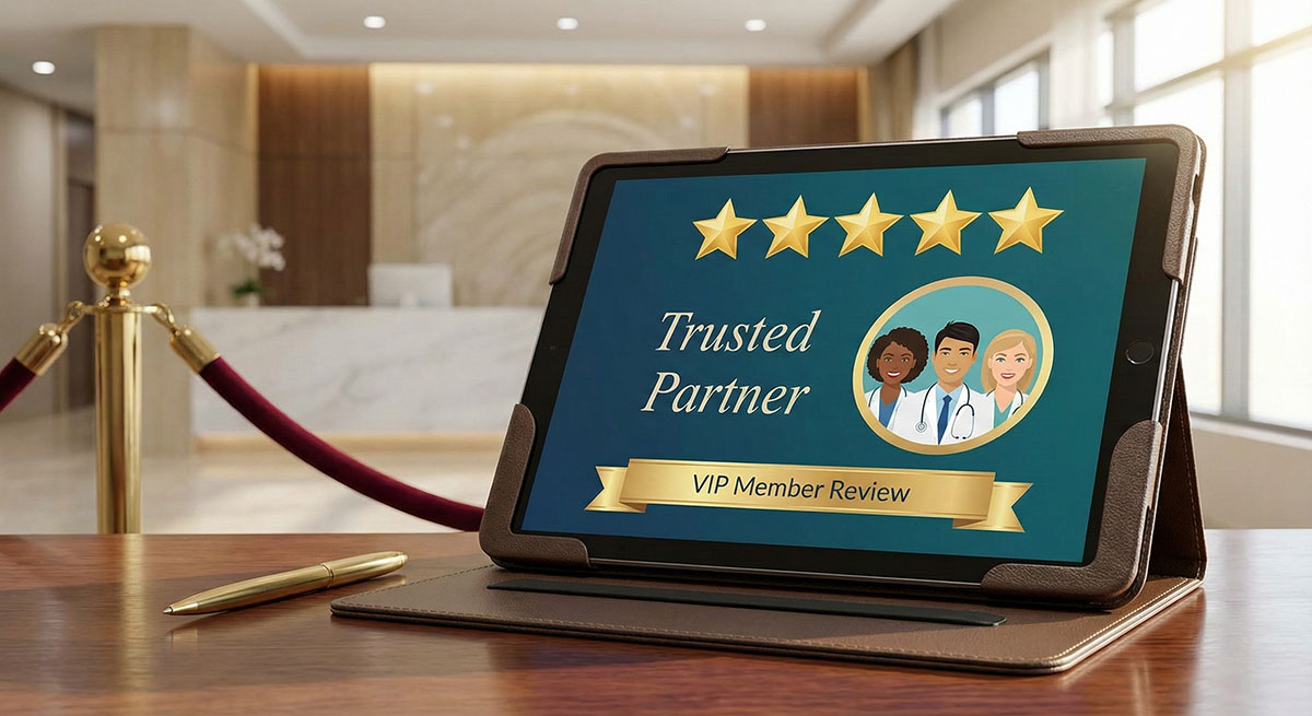 A tablet screen displays a five-star rating with the text "Trusted Partner" and "VIP Member Review," alongside an illustration of three diverse doctors.