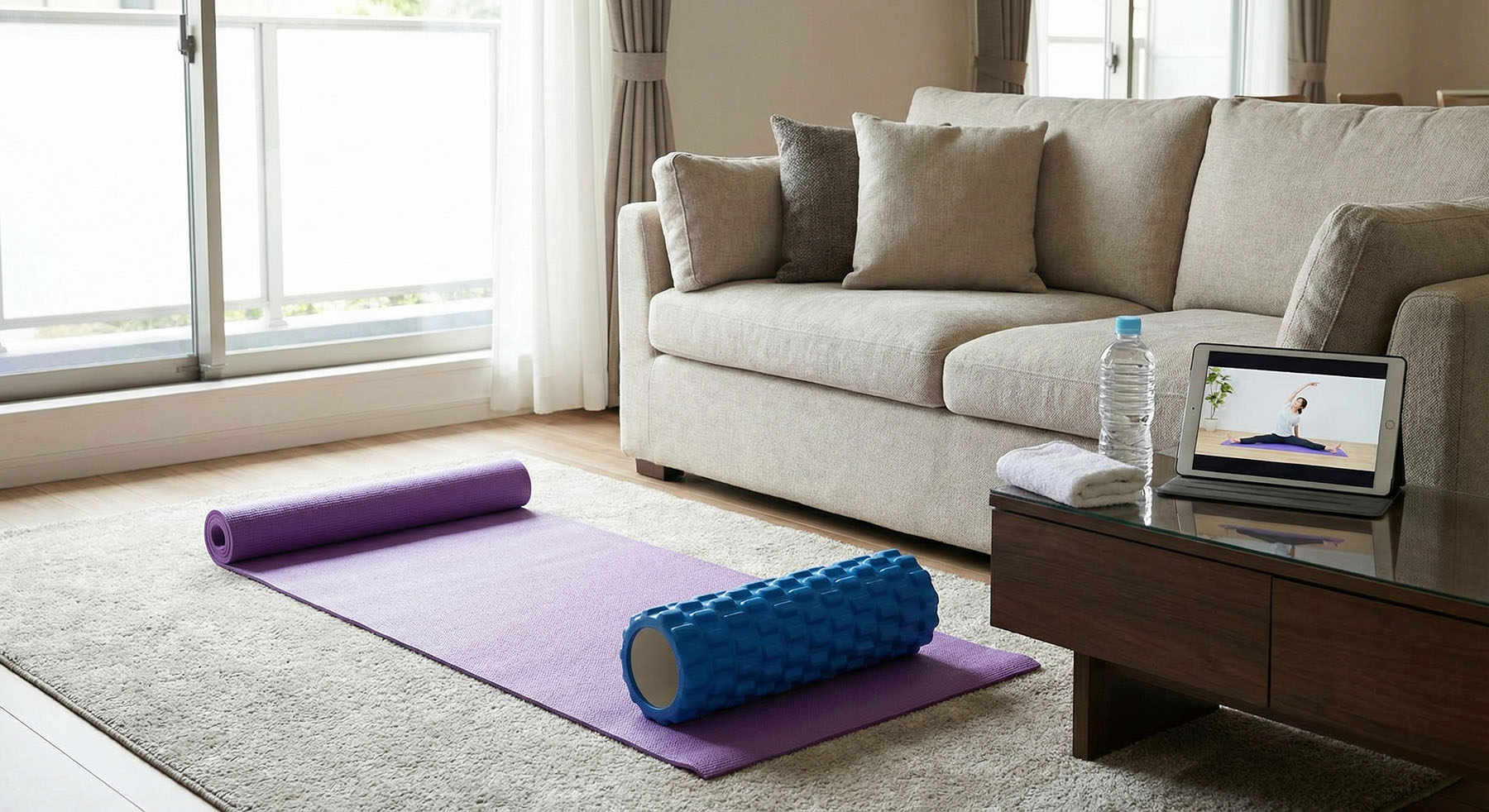 A purple yoga mat and blue textured foam roller on a living room rug near a couch and a tablet playing a workout video.
