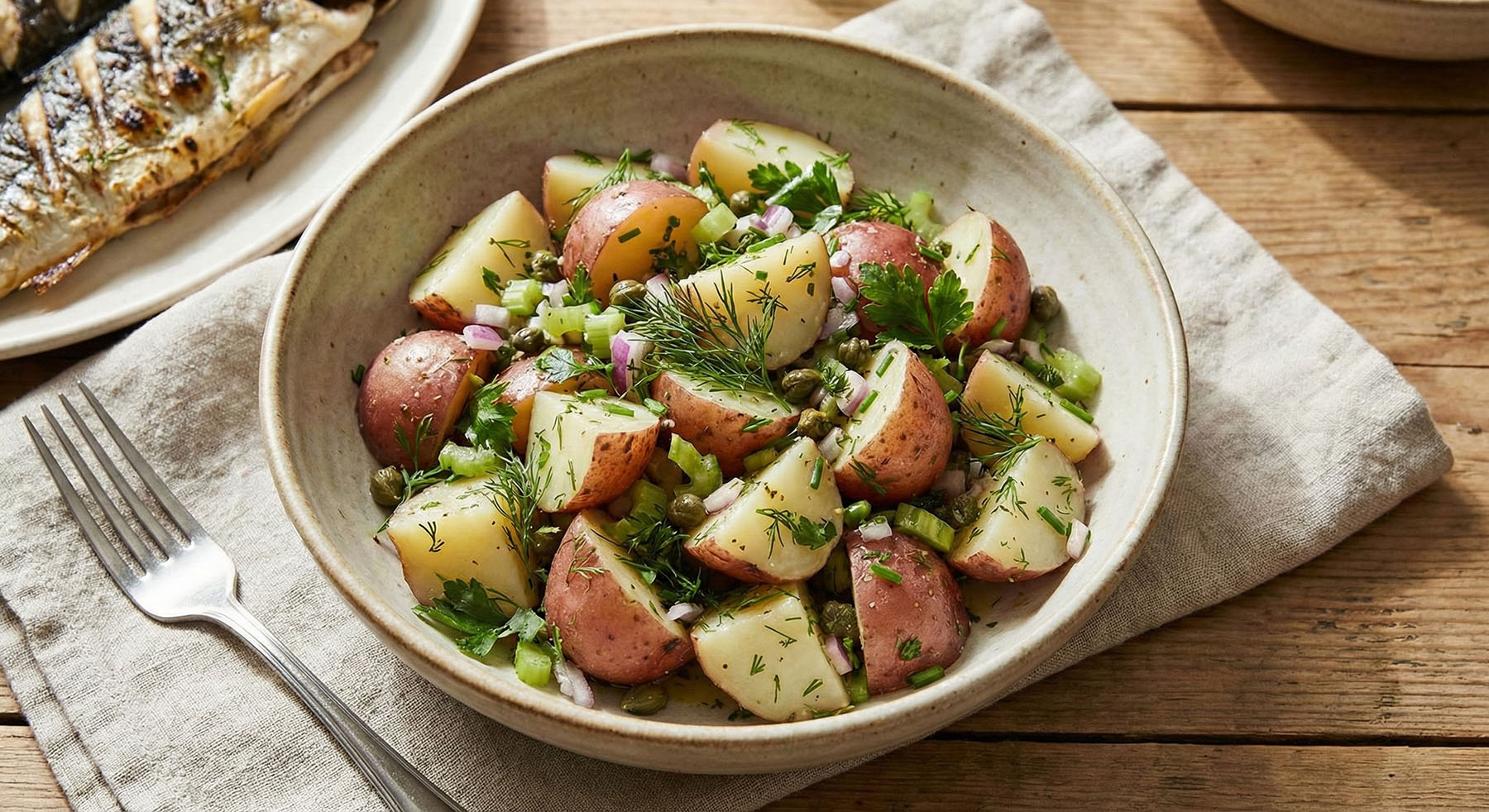 A close-up photograph of a ceramic bowl filled with red potato salad, herbs, celery, and capers.