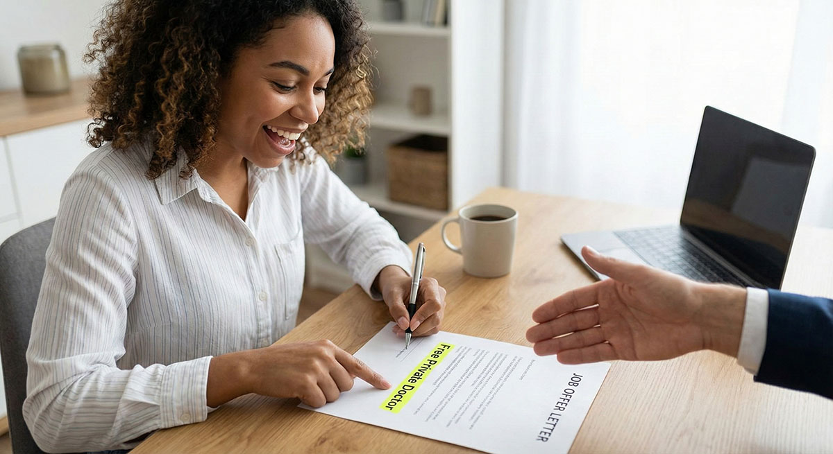 A smiling Black woman with curly hair signs a "JOB OFFER LETTER" on a wooden desk. She points with her left hand to a line highlighted in yellow that reads "Free Private Doctor". A man's hand in a suit extends from the right to shake hers.