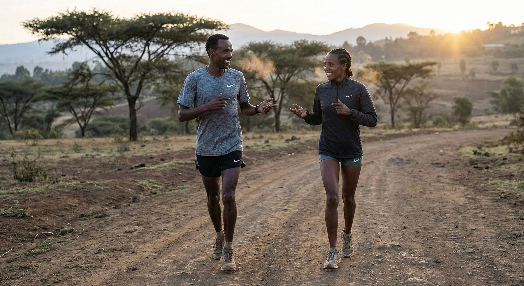 Two runners jogging side-by-side on a dirt path, smiling and chatting to demonstrate conversational pace.