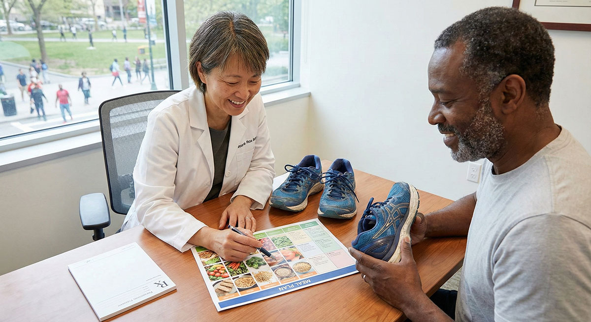 An Asian female doctor and a Black male patient smile while reviewing a nutrition plan and a pair of running shoes on a desk in a clinic office.
