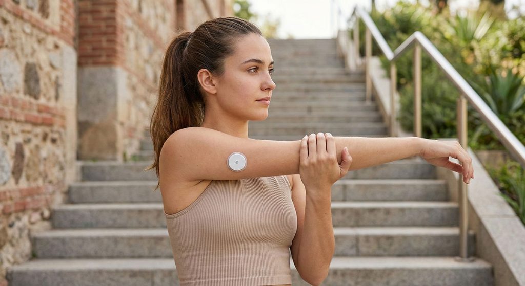 A young Asian woman with a ponytail is stretching her right arm across her chest while standing on stone steps outdoors. A small white medical sensor is visible on her left upper arm.