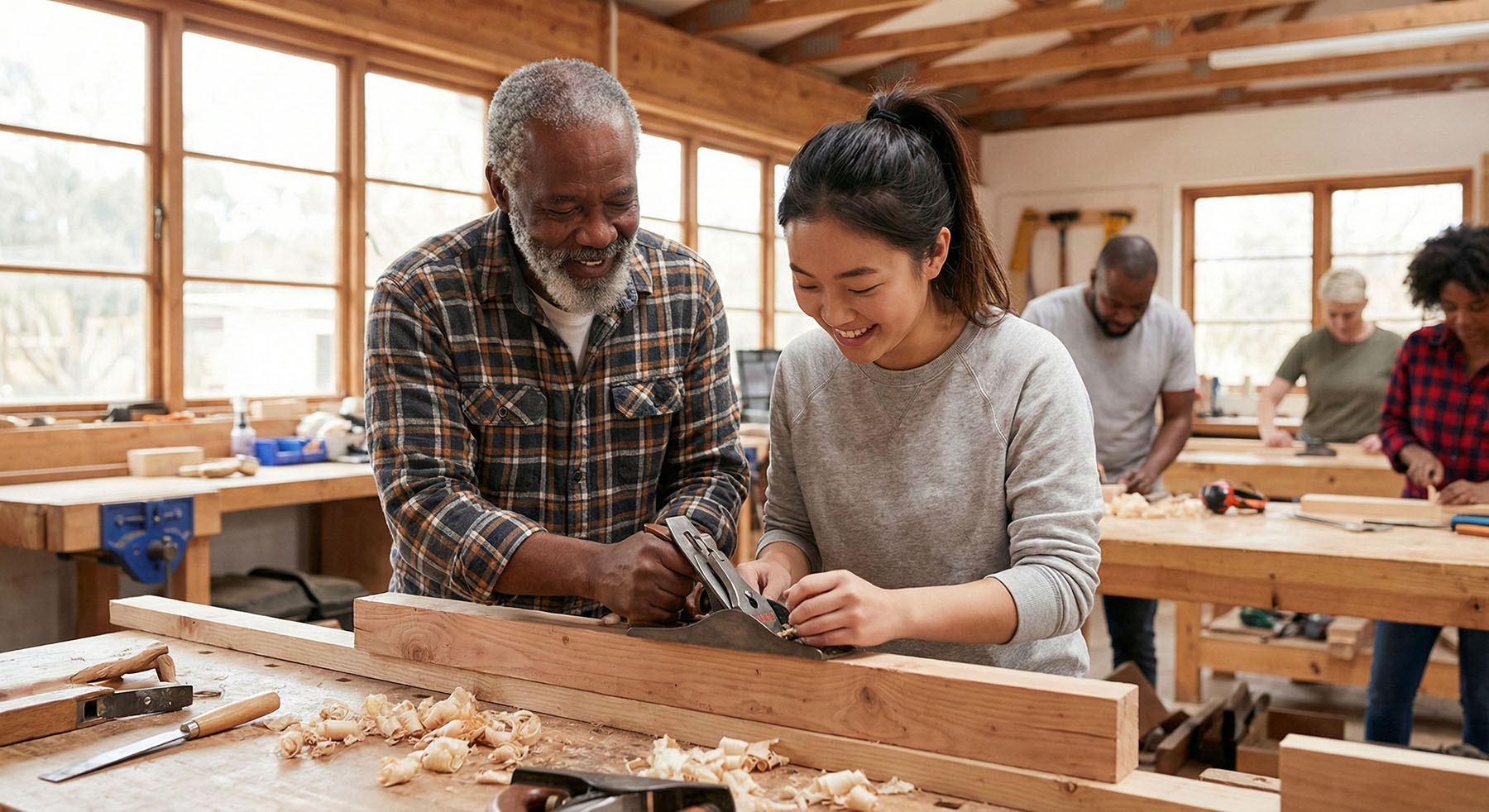 An older man and a younger woman smiling as they woodcraft together with a hand plane in a workshop.