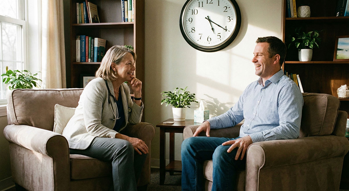 A female doctor and a male patient sit in comfortable armchairs in a sunlit room, engaged in a relaxed, smiling conversation.