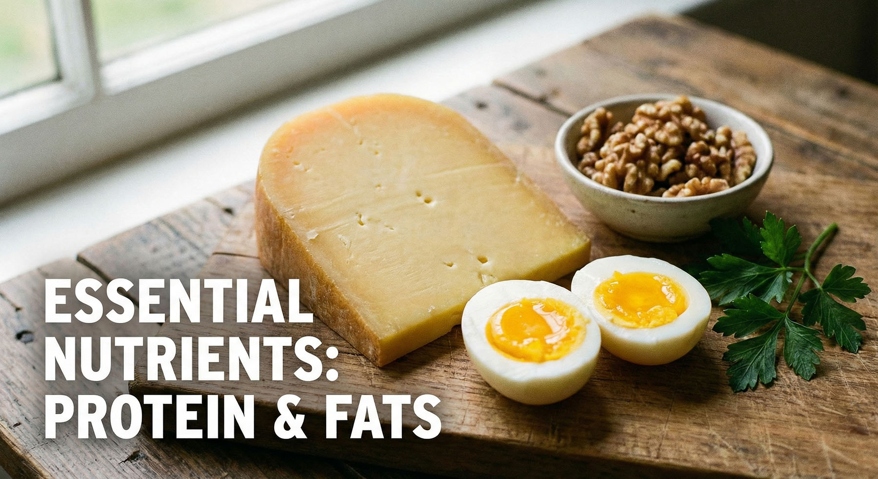 A wedge of aged Gouda cheese, two halves of a soft-boiled egg with runny yolks, and a small bowl of walnuts on a rustic wooden board.