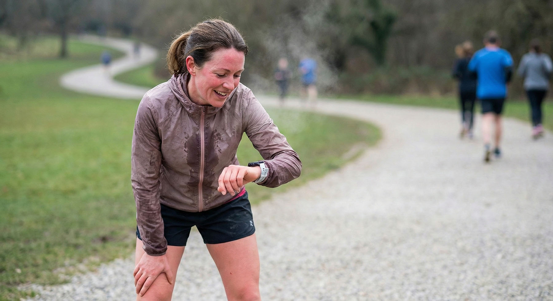 A smiling woman runner in a wet jacket and shorts stops on a gravel path to check her white smartwatch, with steam rising from her breath.