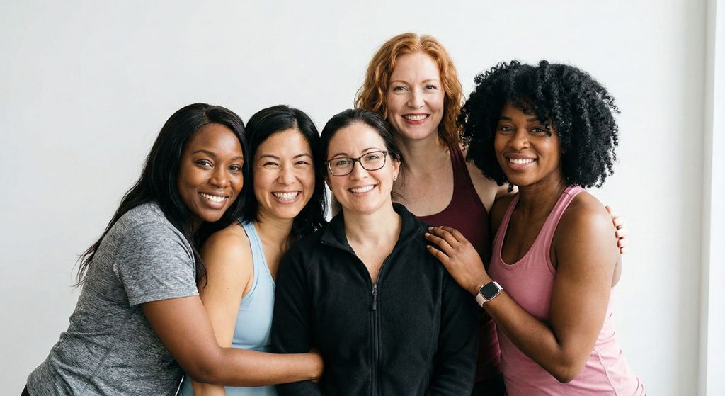 A portrait of five diverse women smiling together in activewear against a white wall.