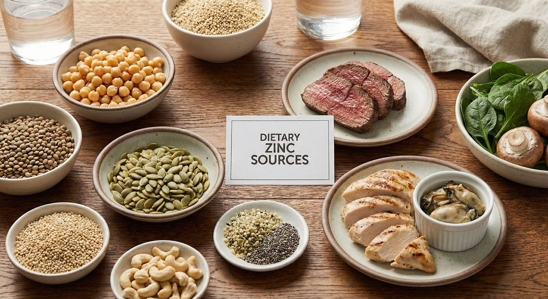 Overhead view of various food items rich in zinc, including meats, seeds, nuts, and legumes, arranged around a card labeled "DIETARY ZINC SOURCES."