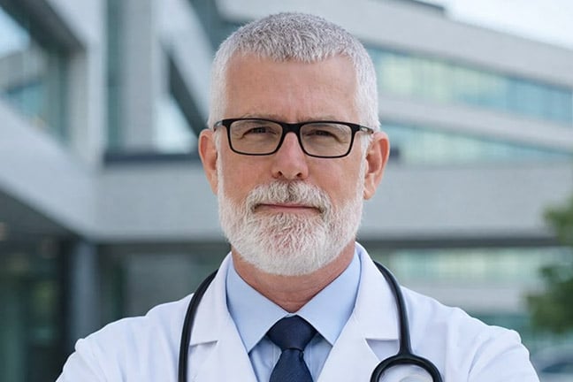 Headshot of a mature male doctor with silver hair, beard, and glasses wearing a white coat.