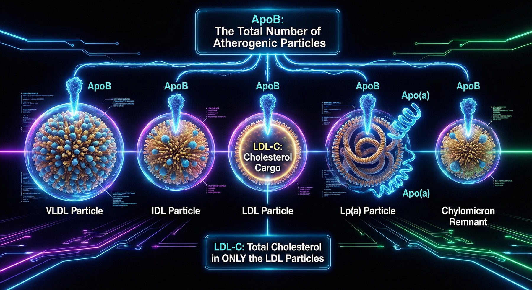 Neon infographic illustrating ApoB as the total count of five atherogenic particle types, contrasted with LDL-C which measures cholesterol in LDL only.