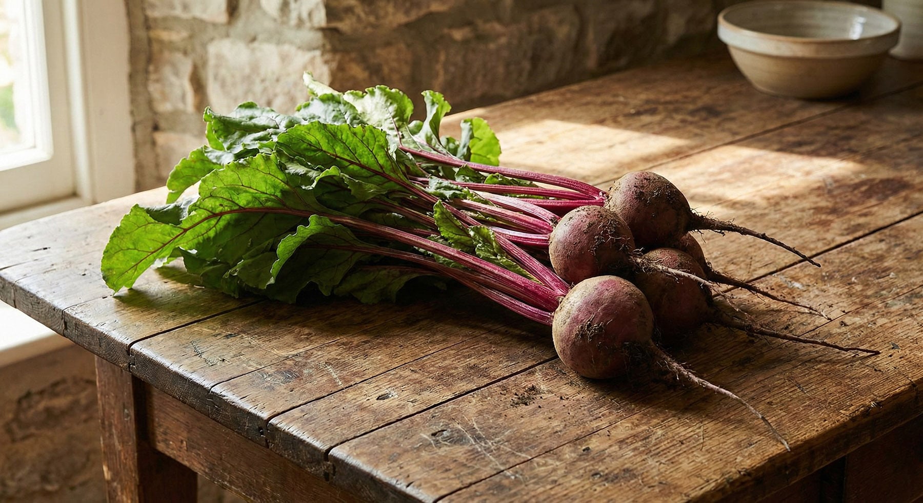 A bunch of fresh, raw beetroot bulbs with their leafy green stems still attached, resting on a rustic wooden table.