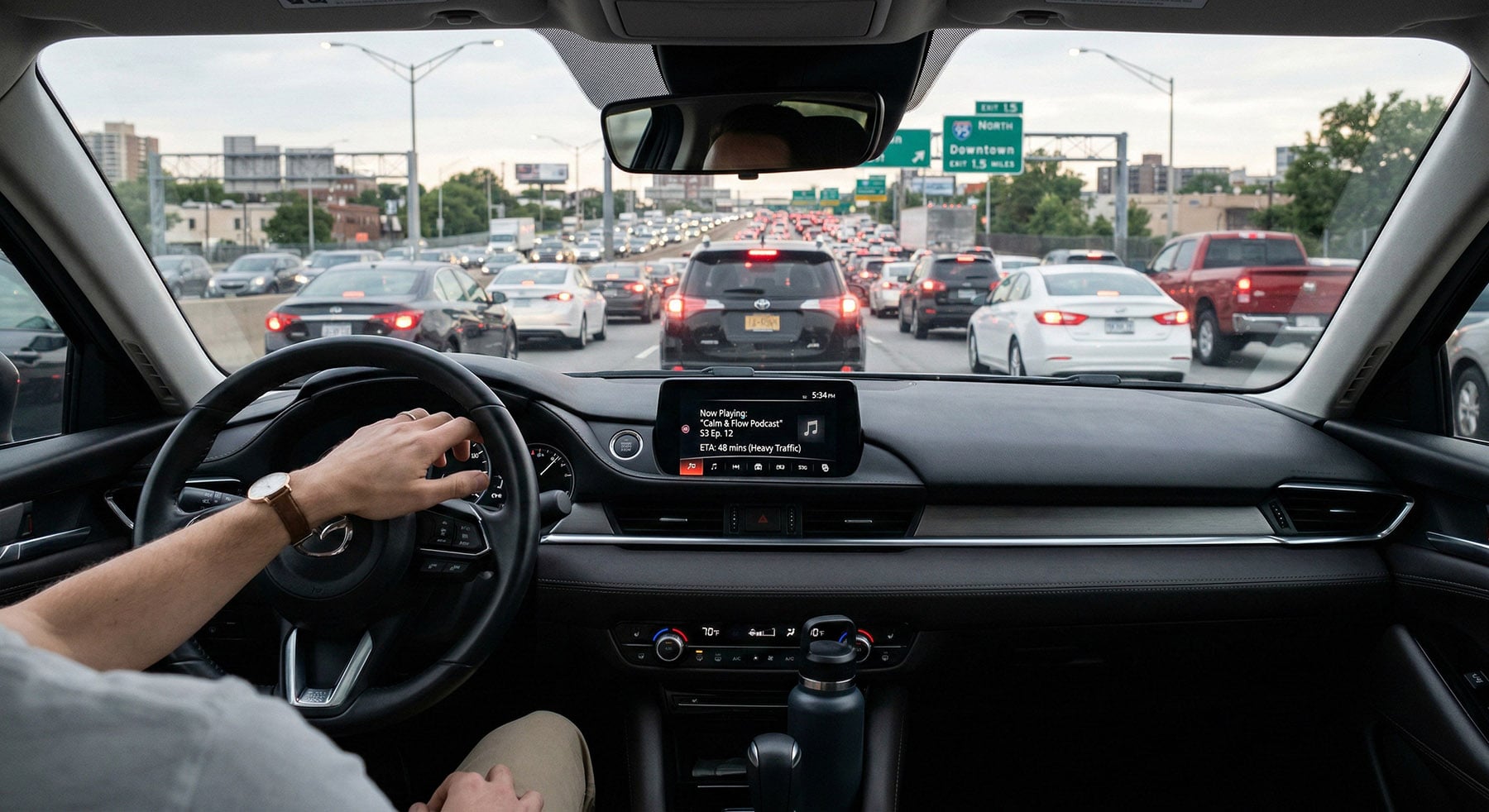 A driver's perspective from inside a calm car interior looking out at heavy highway traffic, with a podcast playing on the dashboard screen.