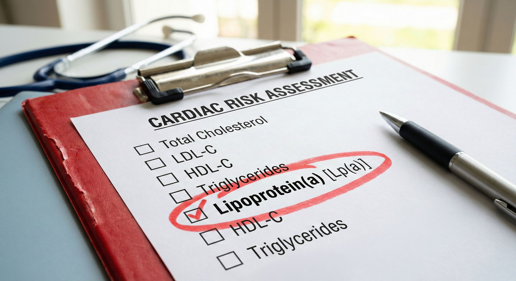 A close-up photograph of a medical clipboard containing a cardiac risk assessment form. The item "Lipoprotein(a) [Lp(a)]" is prominently circled in red with a checkmark in the box next to it. A stethoscope is visible in the background.