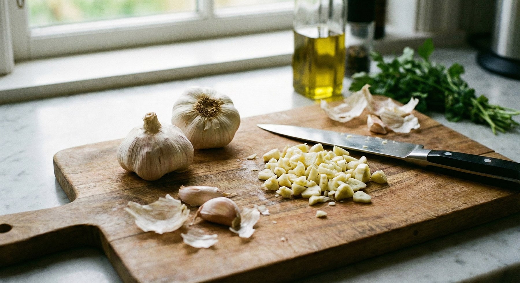Chopped garlic, whole bulbs, and a knife on a wooden cutting board.