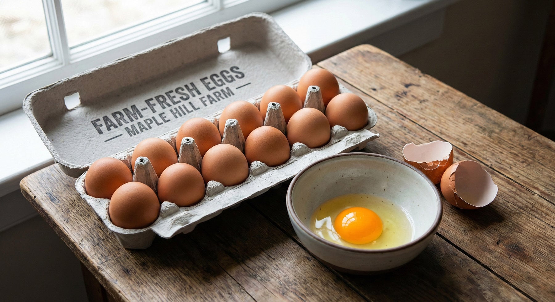 A cardboard carton with brown eggs and a bowl containing a raw egg and cracked shells sit on a wooden table next to a window.