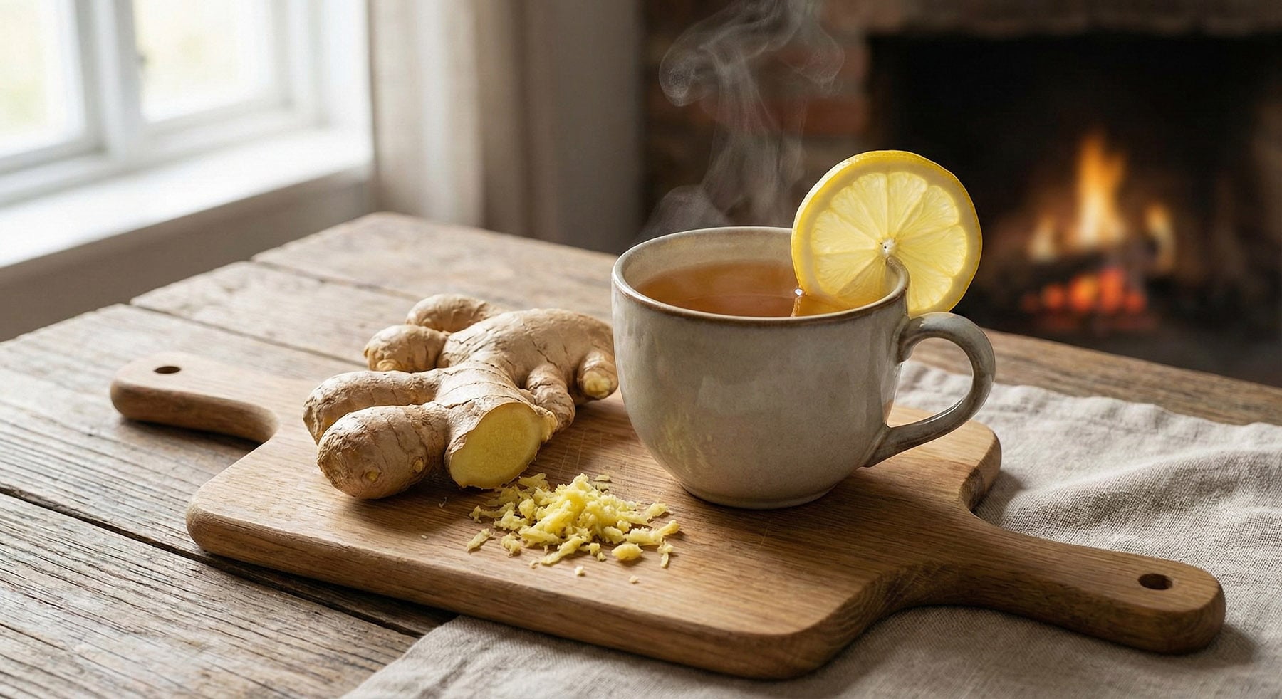 A steaming mug of ginger tea with a lemon slice on the rim, sitting on a wooden cutting board next to fresh and grated ginger root, with a cozy fireplace and window in the background.