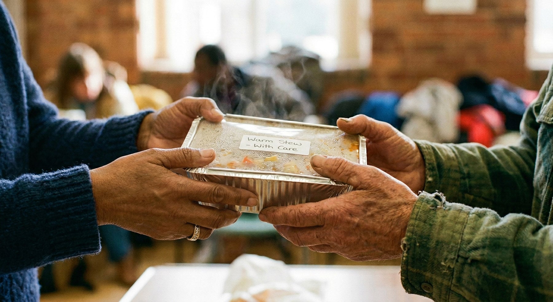 A close-up photograph of two pairs of hands exchanging an aluminum takeaway container of steaming stew labeled "Warm Stew - With Care" in a community hall setting.