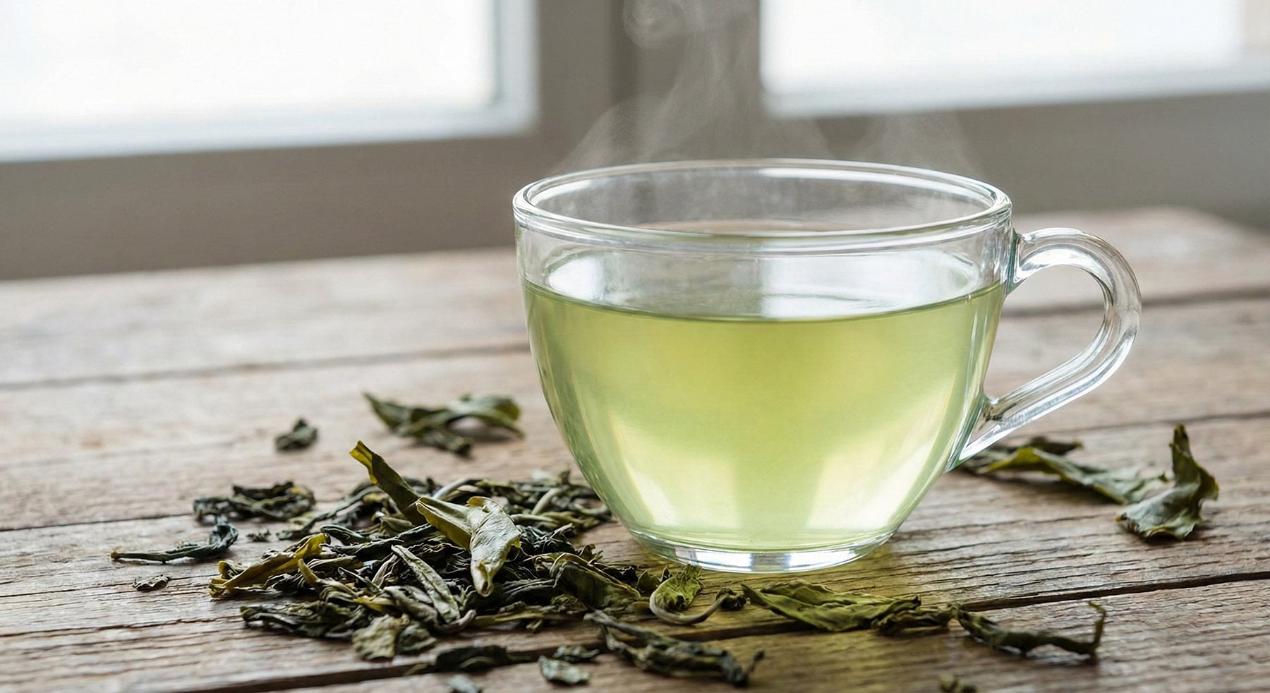 A clear glass cup of steaming green tea and dried green tea leaves on a wooden table.