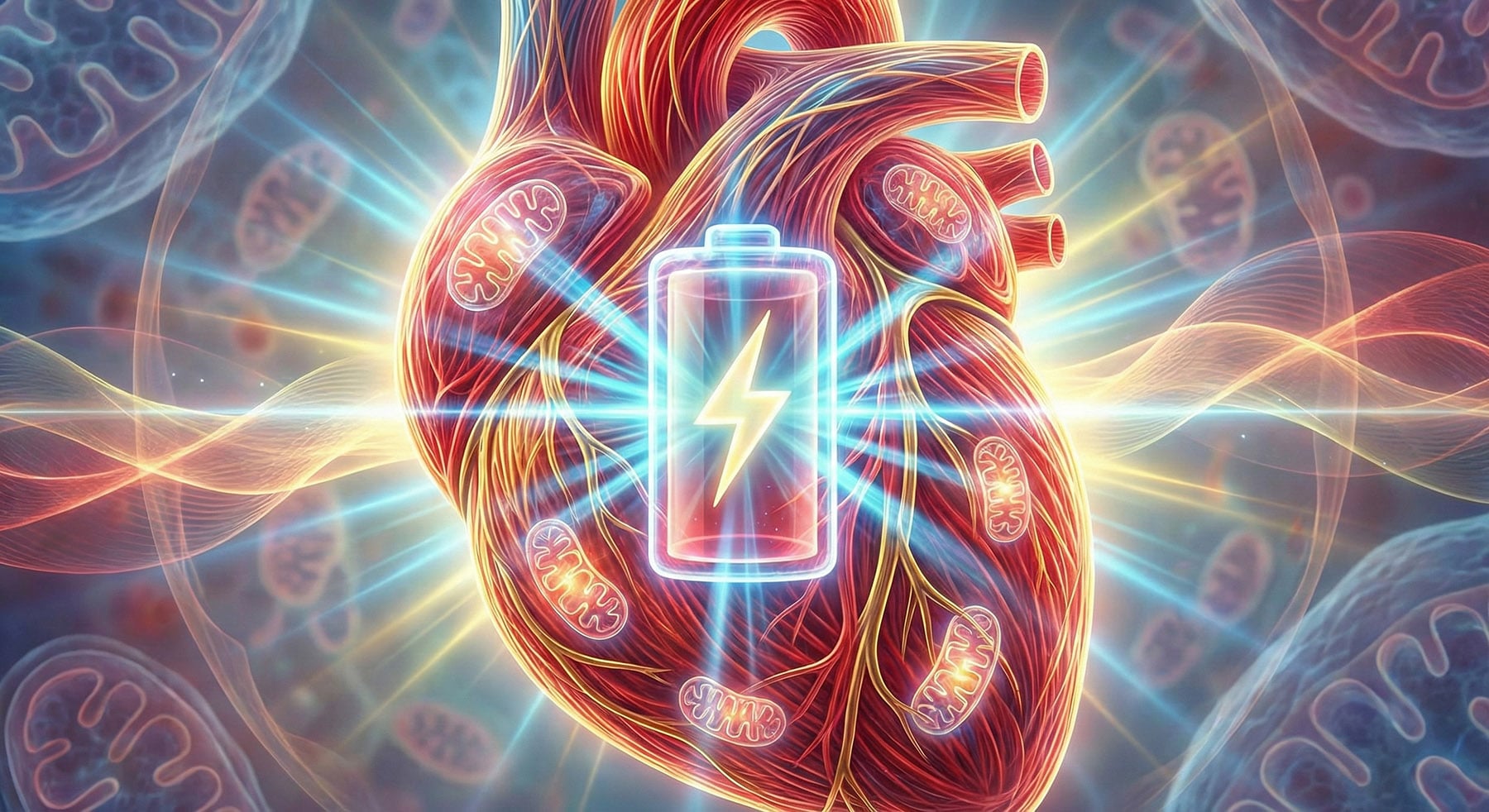 A stylized illustration of a human heart with a glowing battery and lightning bolt symbol superimposed on it, surrounded by mitochondrial shapes.