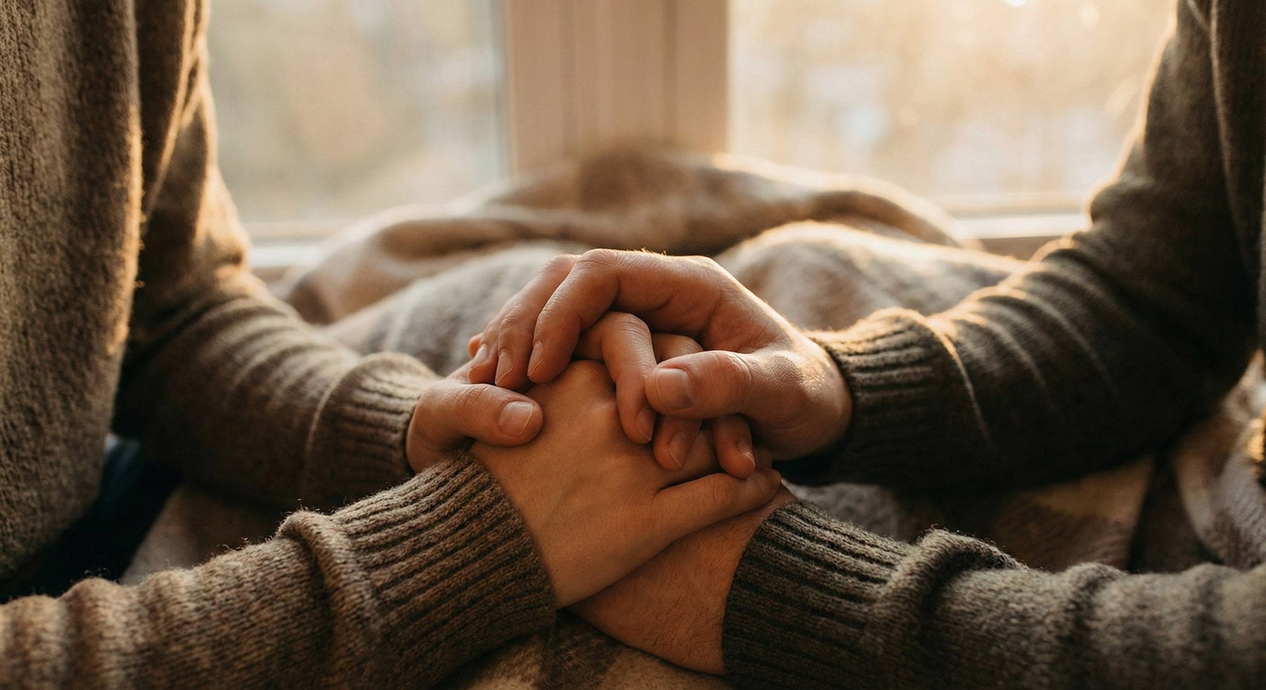 Close-up view of two individuals with their hands gently clasped together resting on a blanket.