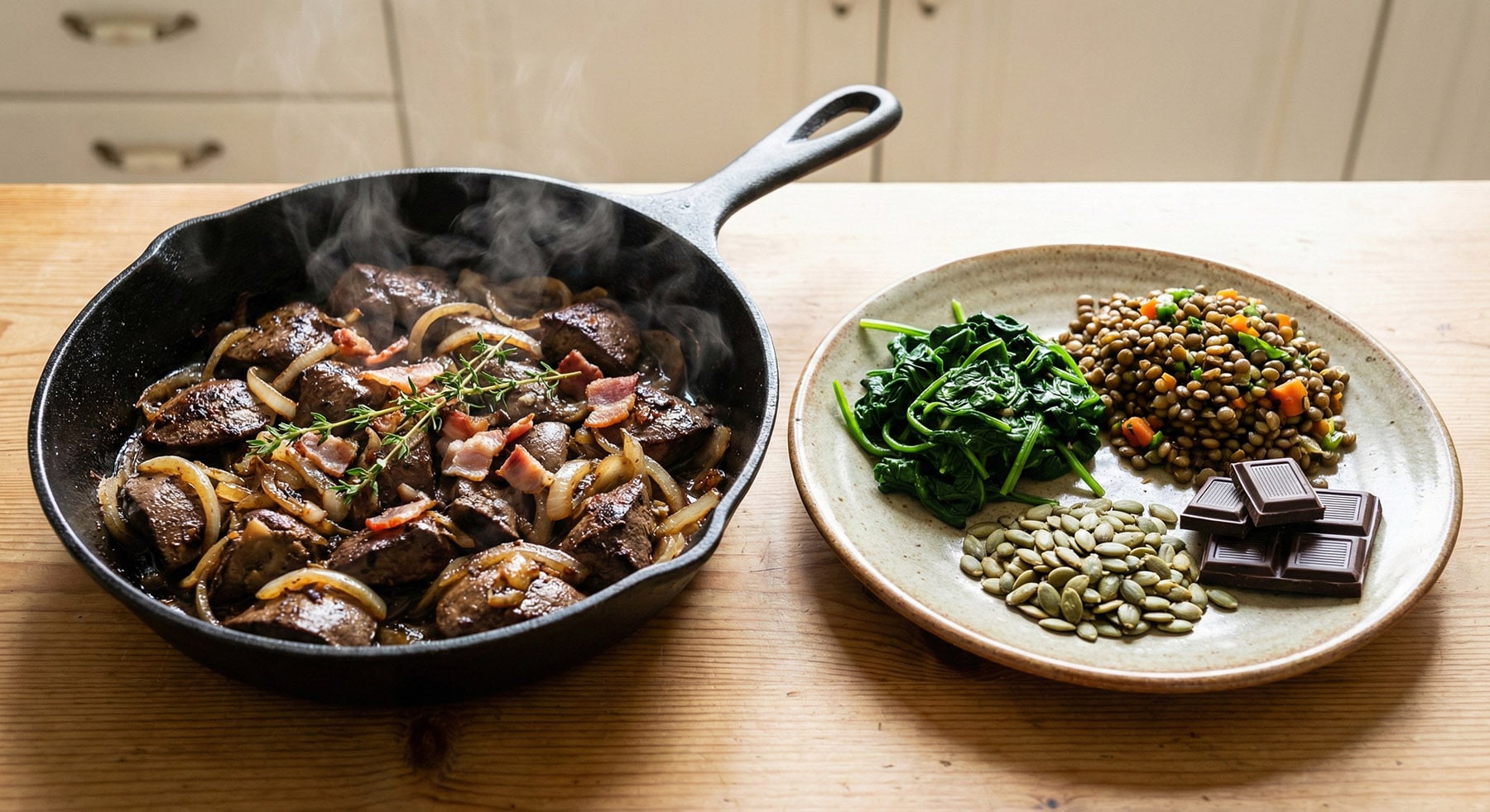 A steaming cast iron skillet with cooked liver, onions, and bacon sits on a wooden table next to a plate holding spinach, lentils, pumpkin seeds, and dark chocolate.