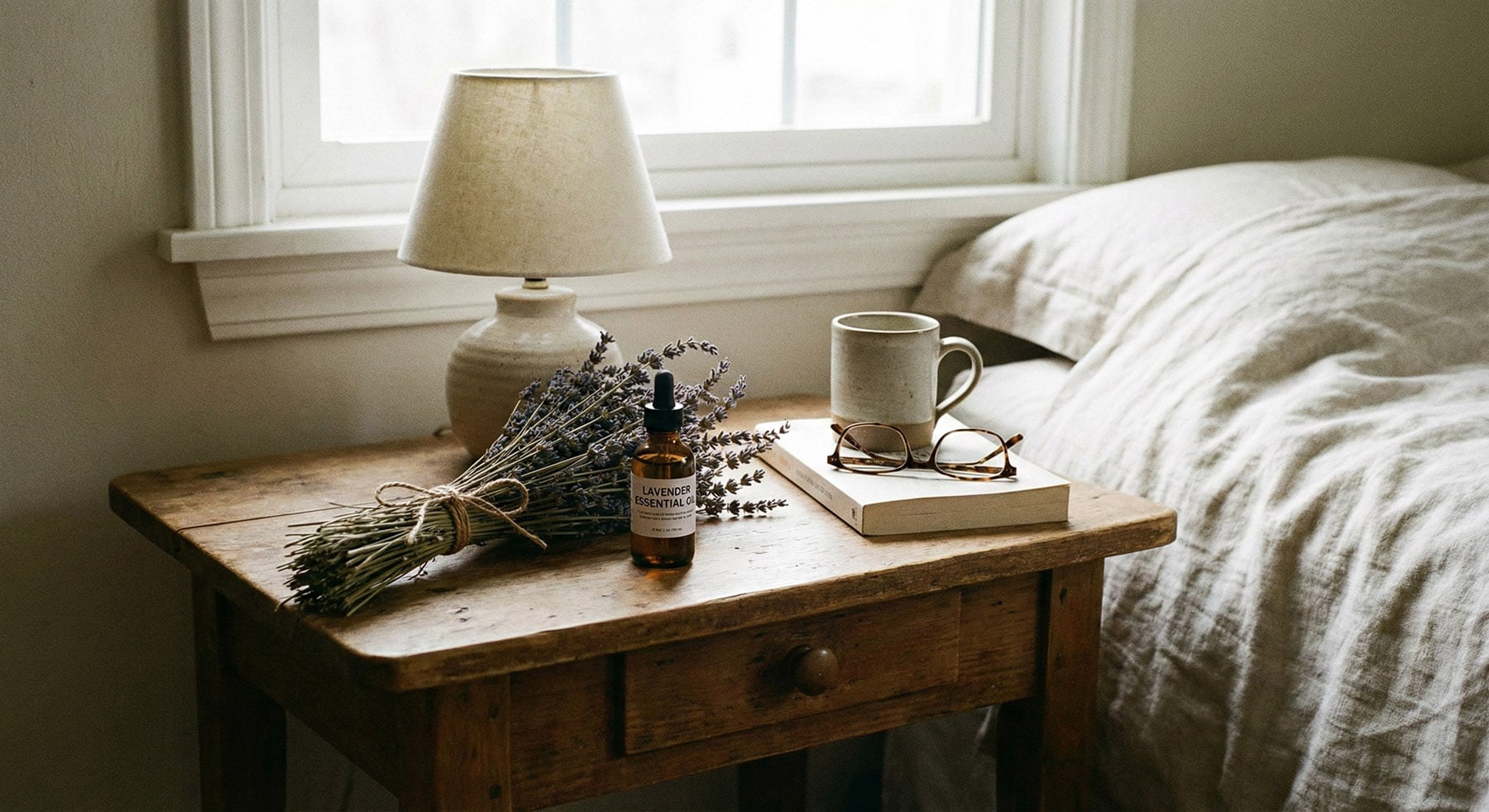 Dried lavender bundle, essential oil bottle, book, glasses, mug, and lamp on a rustic wooden nightstand by a window.