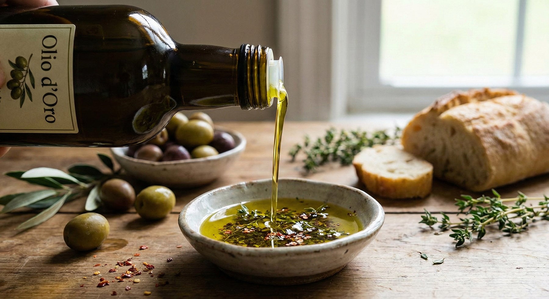 Olive oil pours from a dark glass bottle into a ceramic dipping bowl with herbs and red pepper flakes on a rustic wooden table.
