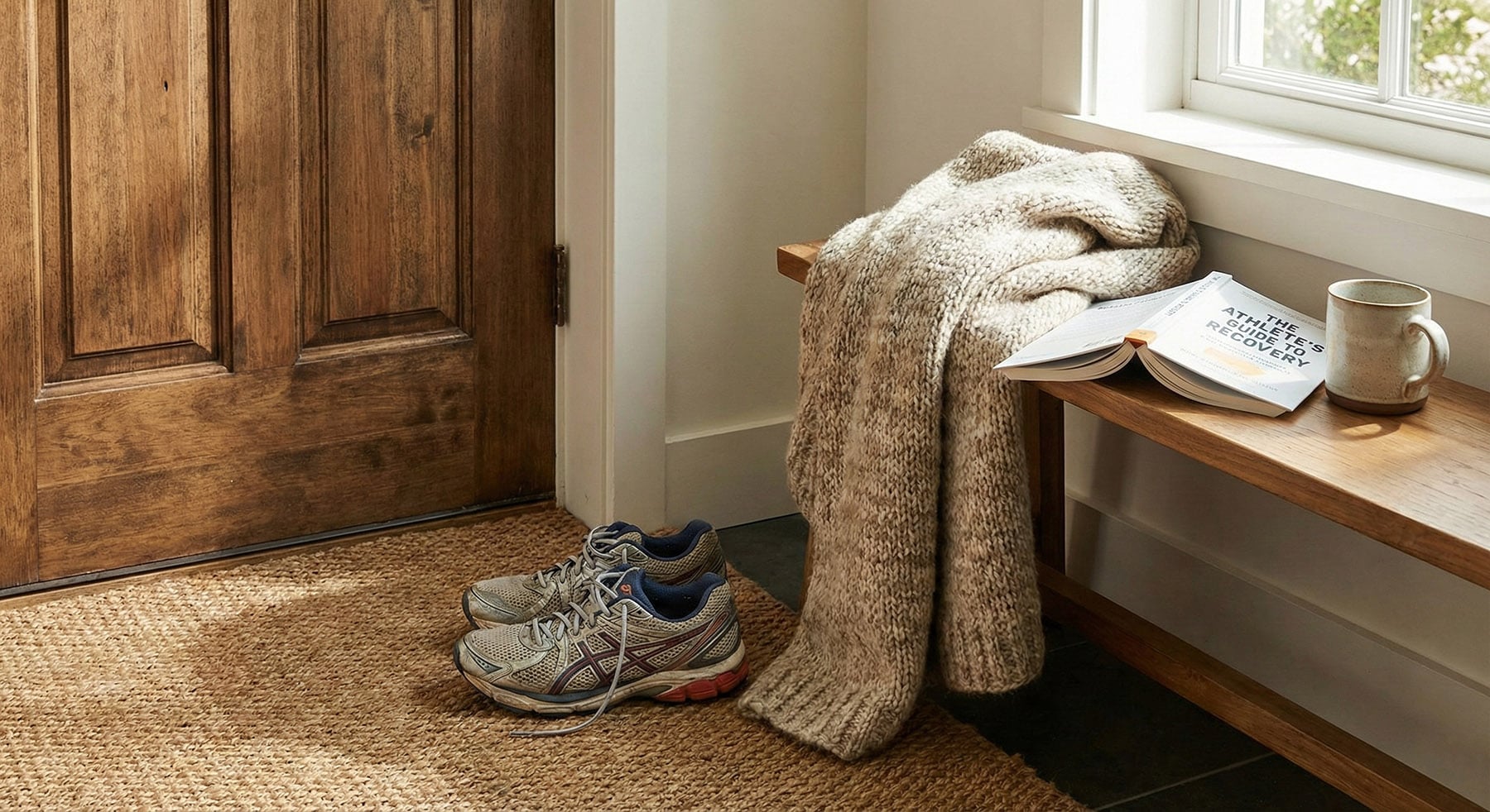 A pair of dirty running shoes on a wooden mat by a doorway, next to a bench with a folded knitted blanket and an open book.
