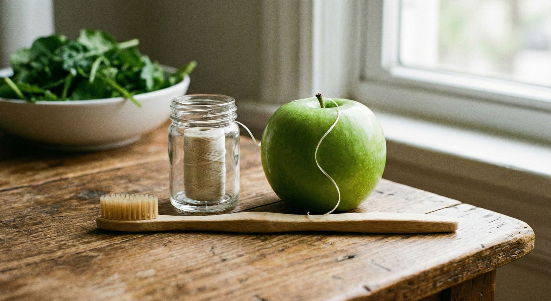 A bamboo toothbrush and a glass jar containing dental floss sit next to a green apple on a rustic wooden surface.
