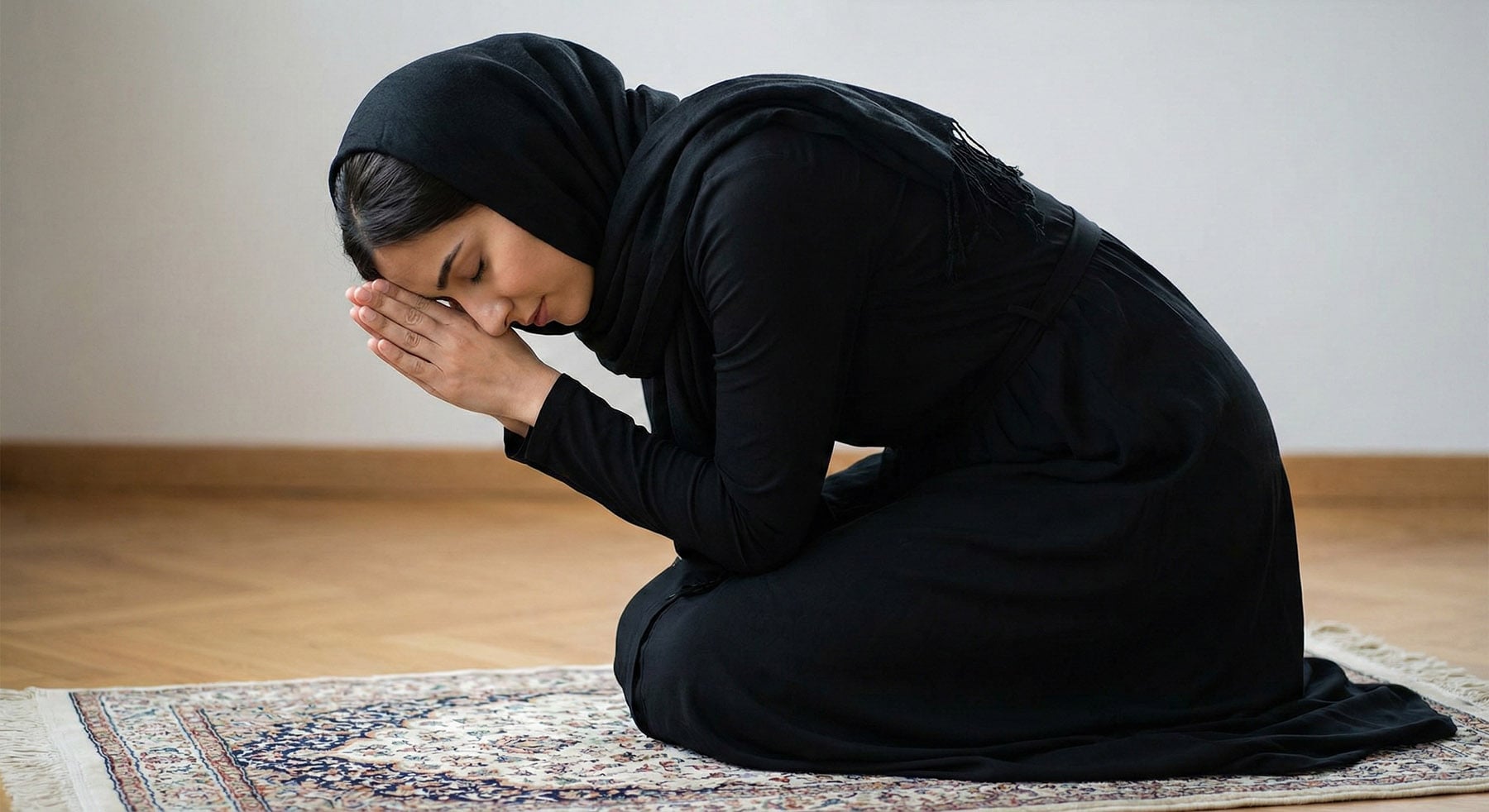 A woman wearing a long black dress and black headscarf kneeling in a deep, reverent bow on a patterned rug.