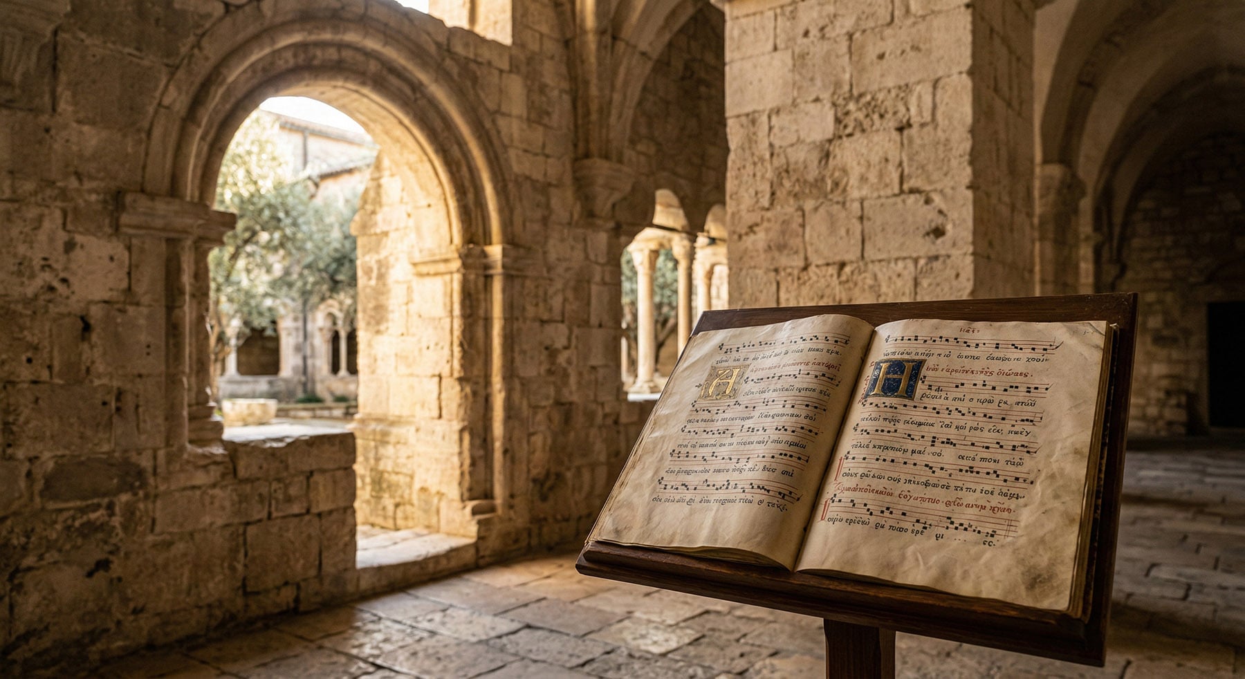 Ancient medieval chant manuscript on a dark wooden lectern in a historic stone cloister with sun-dappled arched windows and a courtyard garden.