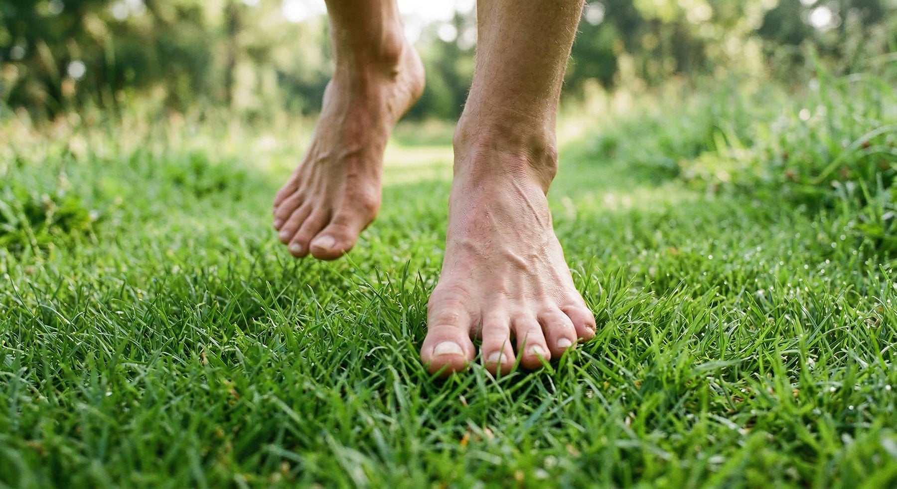 A person's bare feet walking through green grass.