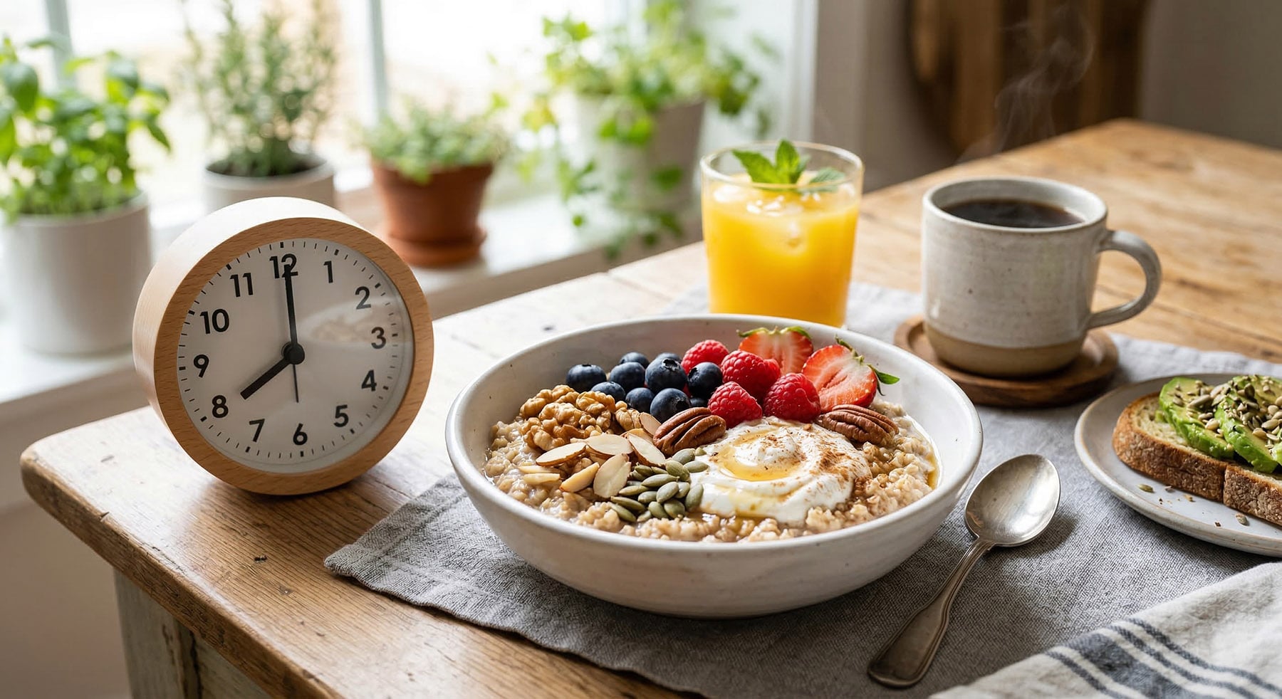 A healthy breakfast spread on a rustic wooden table, featuring oatmeal topped with berries and nuts, a clock showing 8:00, coffee, and orange juice.
