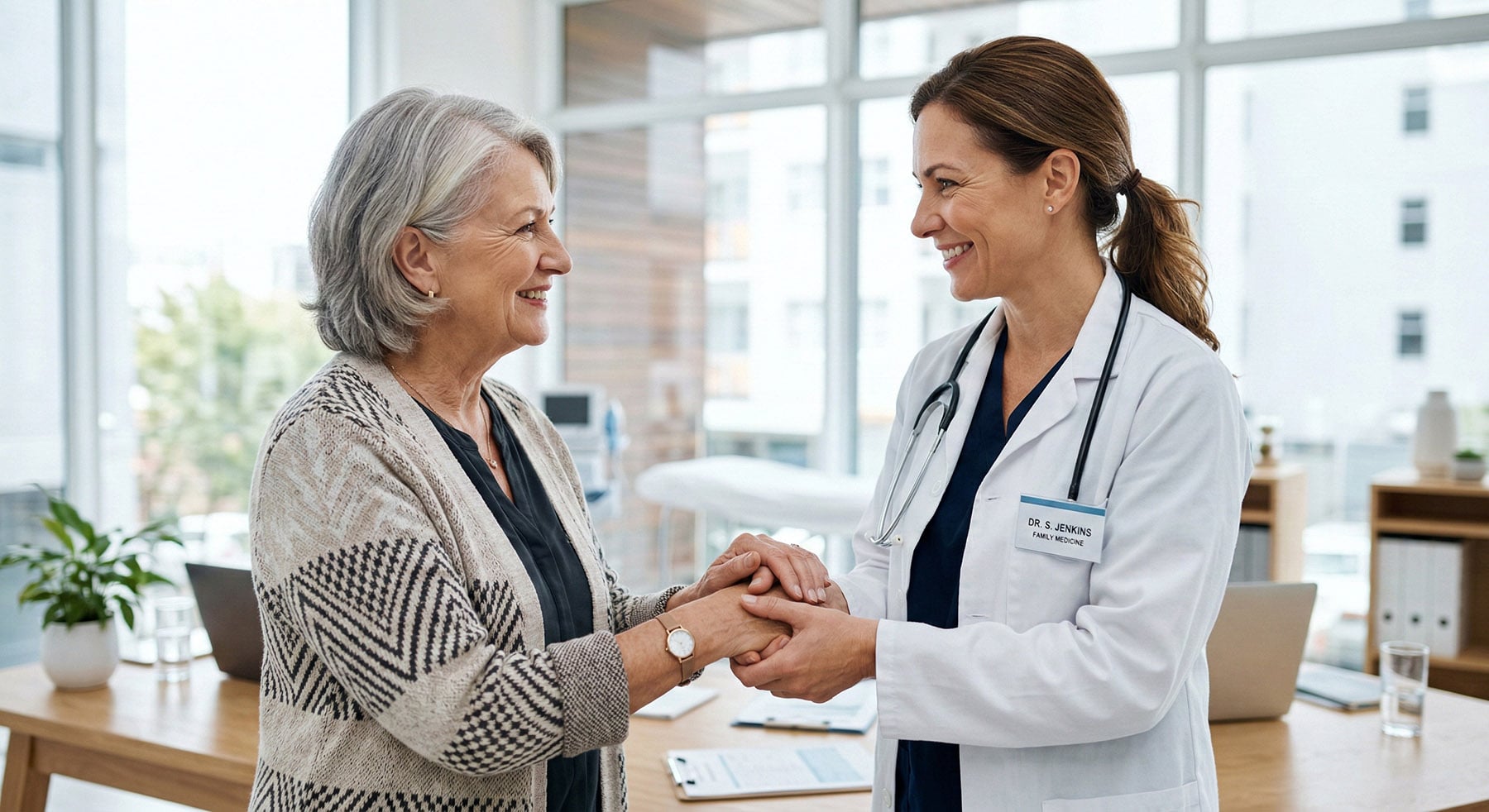 A compassionate female doctor warmly holding hands and smiling with an older female patient in a medical office.