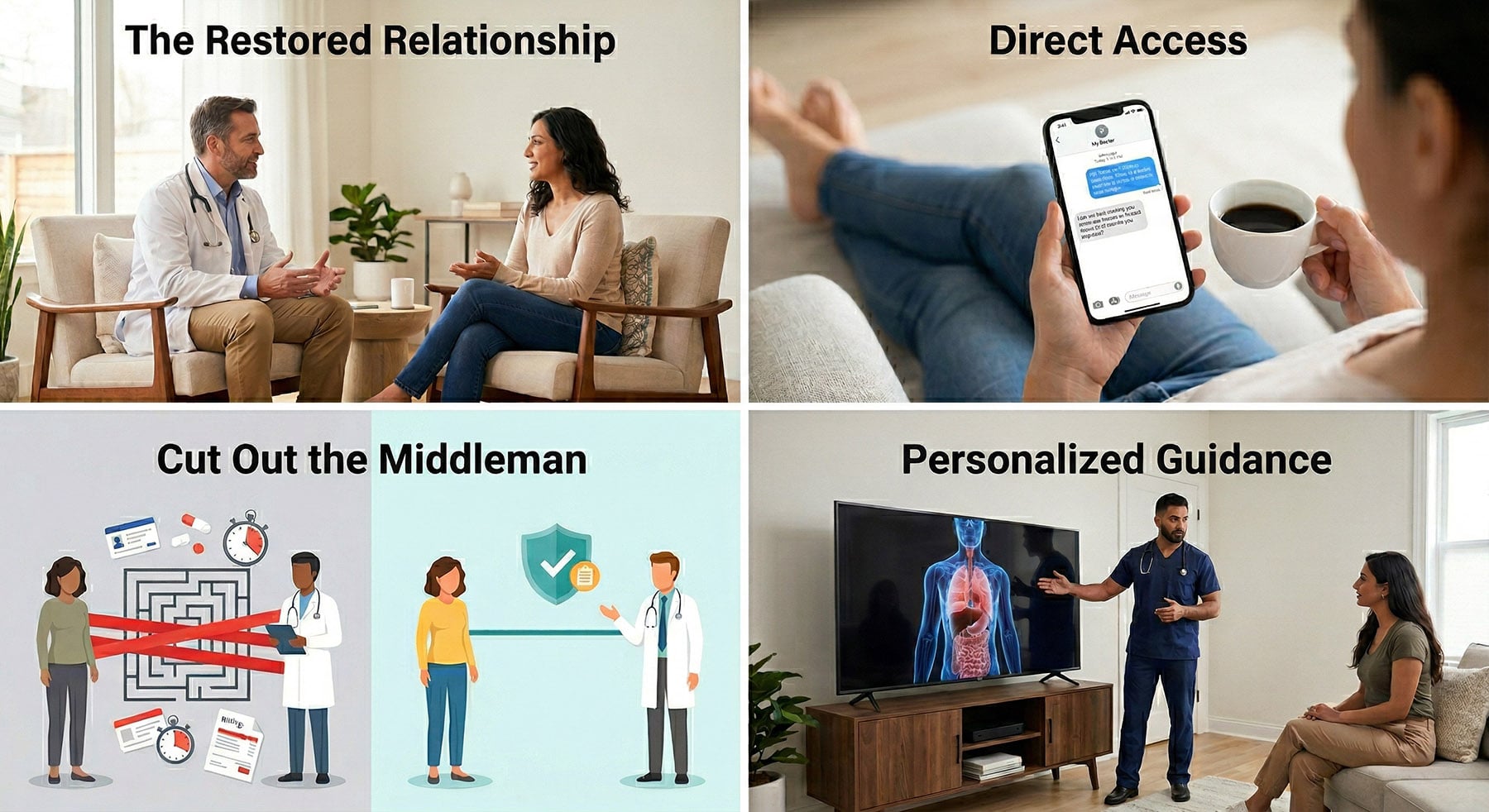 A four-panel grid illustrating Direct Primary Care benefits: a restored relationship, direct phone communication, an insurance-free path, and personalized in-home education.